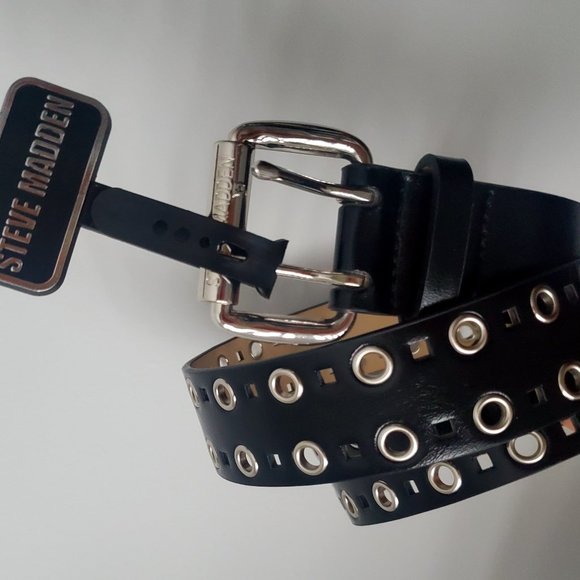 STEVE MADDEN Women's Double Grommeted Wide Black Belt Silver Buckle Gothic NEW - Picture 8 of 8